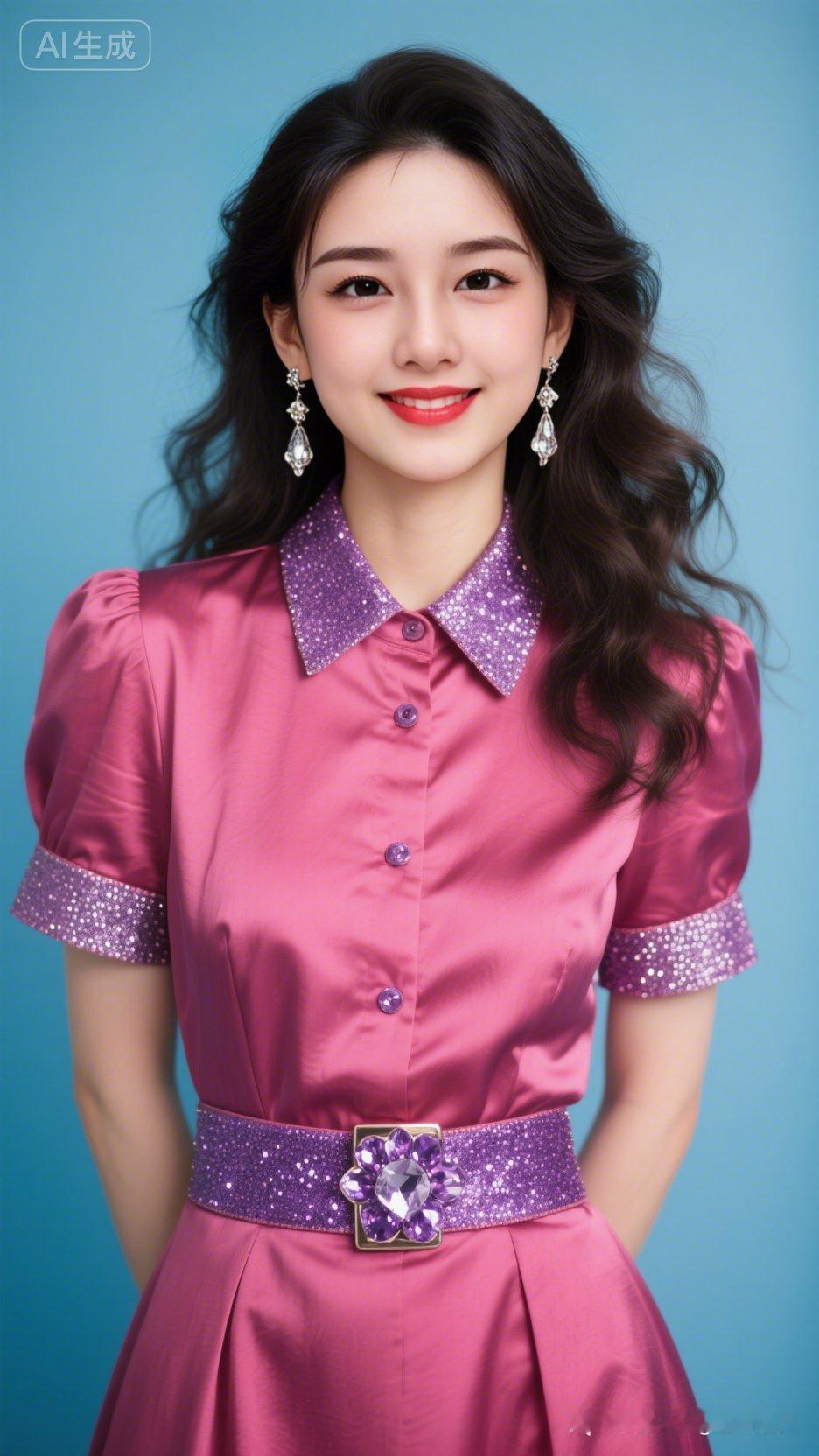 东方绝色美女正面静立，高冷浅笑气质迷人，波浪长发垂于身后，精致长耳坠点缀，肤白睫