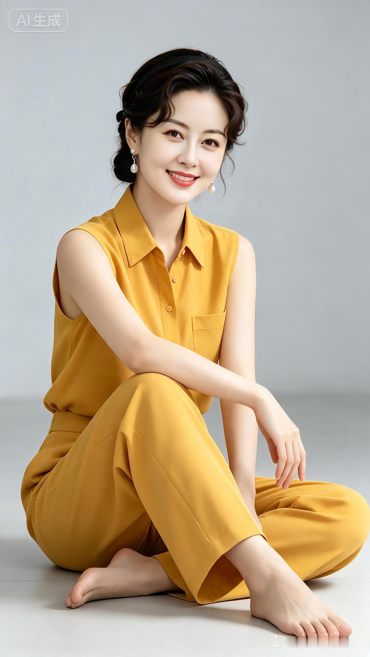 黄衫美女(潜力作者)
一袭黄衫耀眼明，
发髻高盘饰发缨。
珍珠耳坠垂两侧，
笑颜