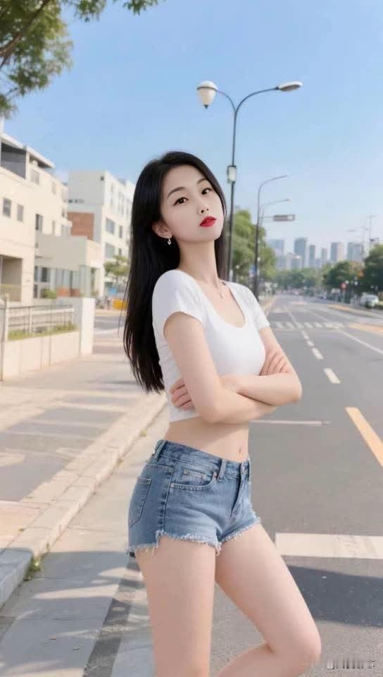 清新甜美，白T恤+牛仔短裤，元气满满！气质美女 肤白貌美