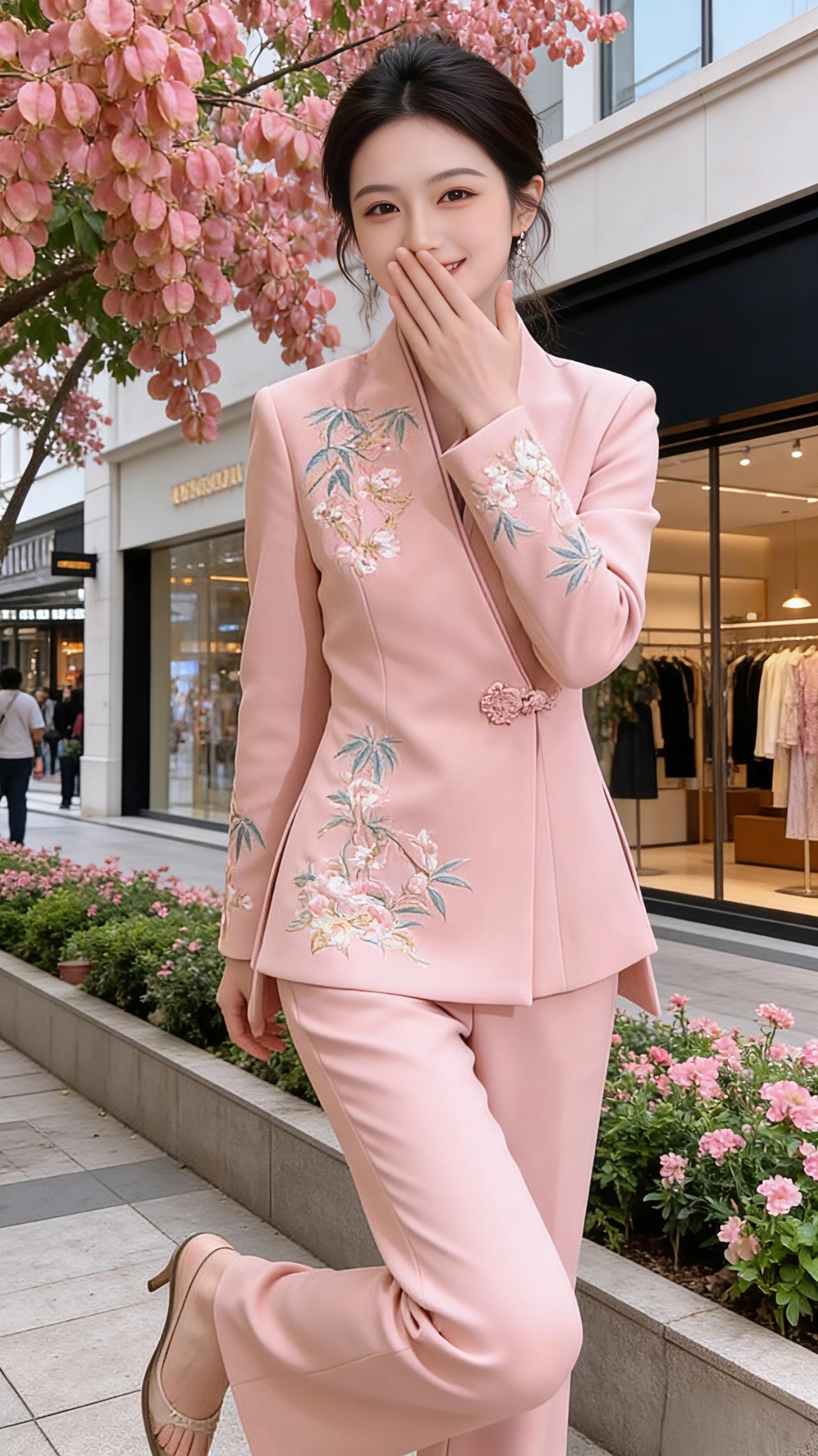 粉樱与风的私语
 
风掠过商业街的橱窗，把粉樱的絮语揉进衣料的纹理里。
 
她站