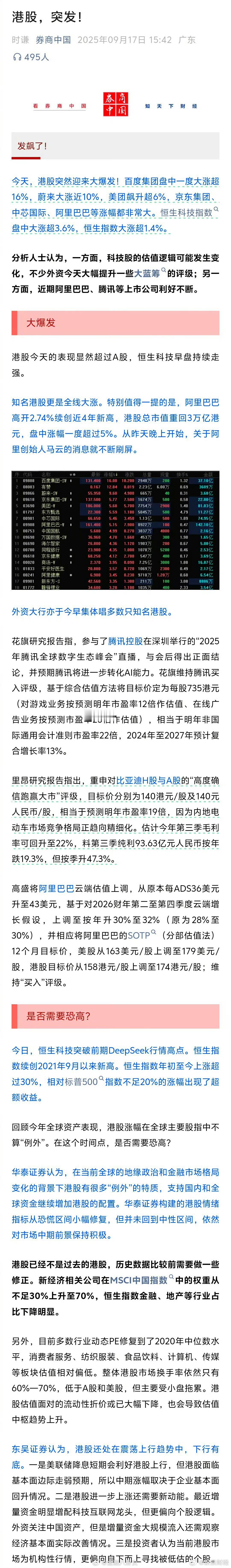 今天，港股突然迎来大爆发，分析人士认为，一方面，科技股的估值逻辑可能发生变化，不
