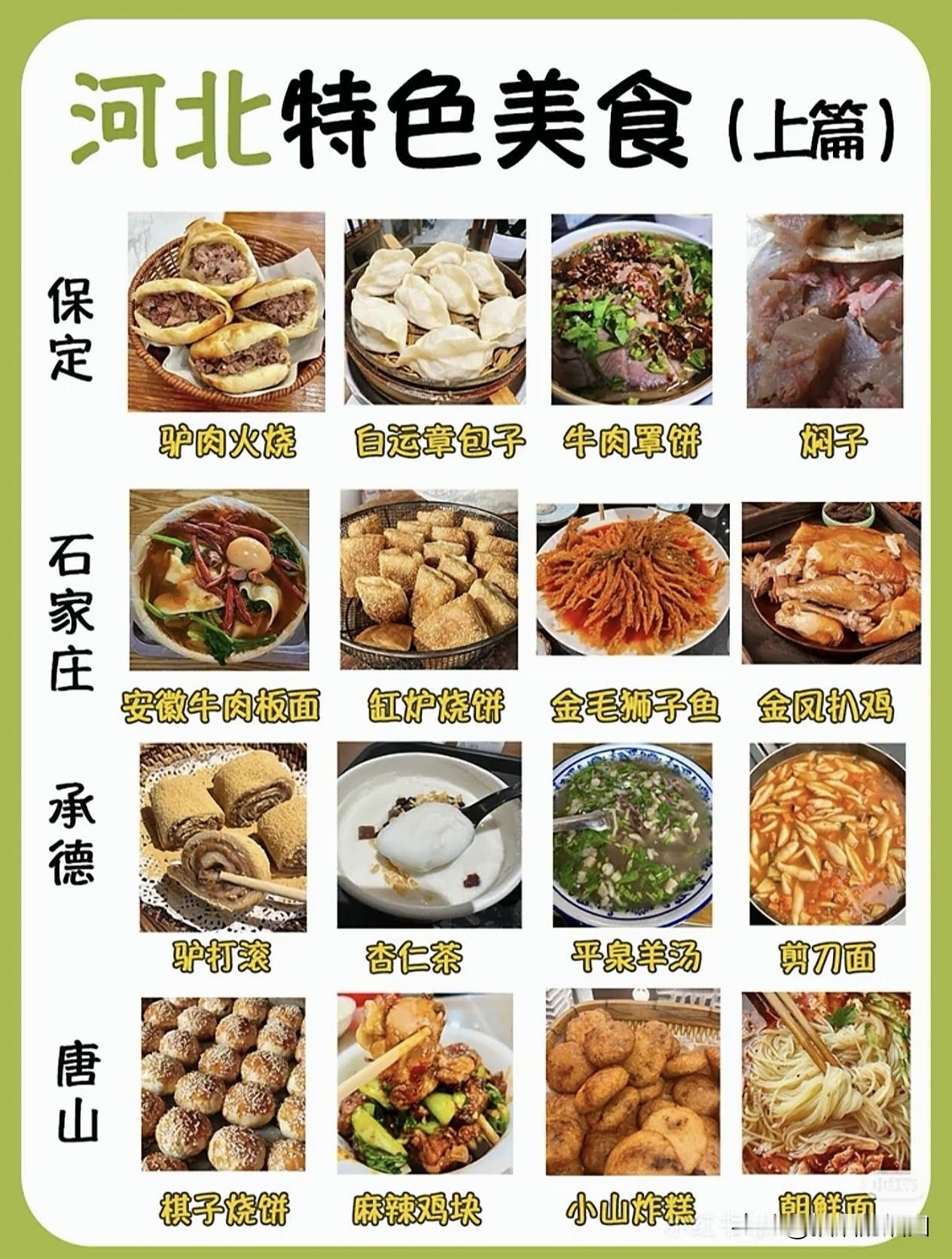 河北特色美食。
最出名的几样美食：
保定驴肉火烧，
河间驴肉火烧，
石家庄安徽牛