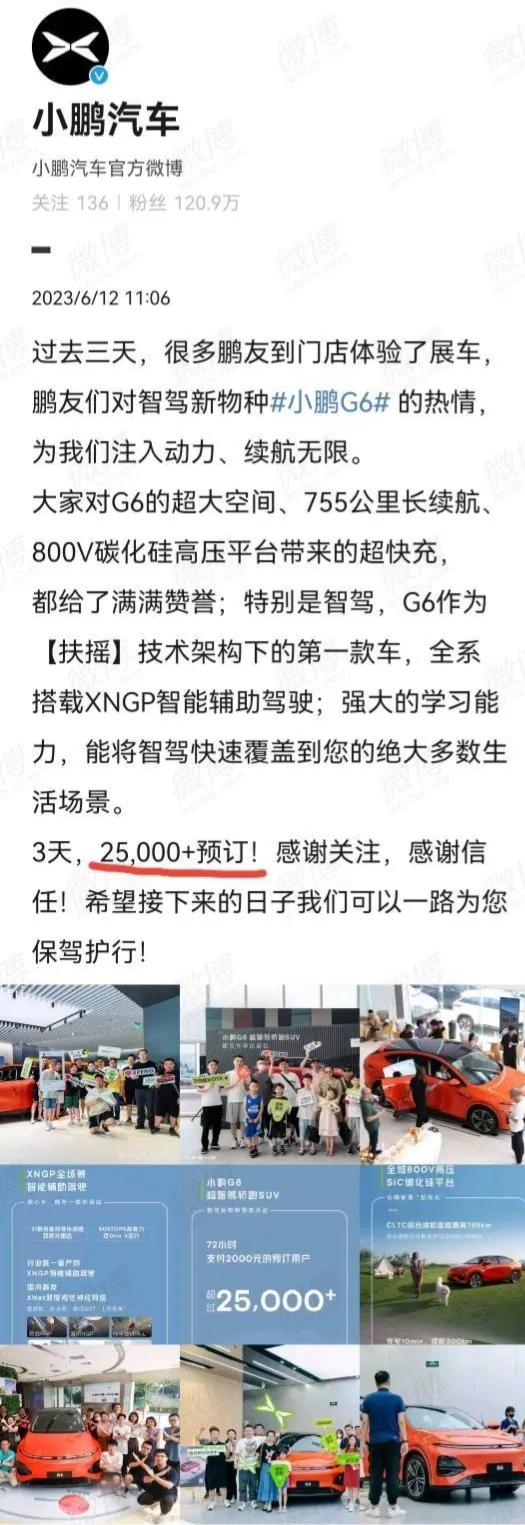 小鹏G6三天订单2.5万+，小订订单，支持退订，所以真正上市开售和一个完整月的实
