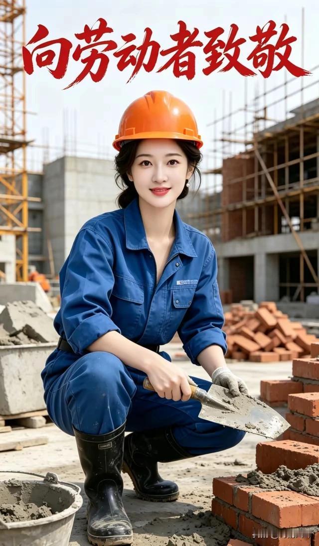 脚手架前绽笑颜，
烈日风霜不怯难。
平凡女子多勤勉，
打工挣钱吃饱饭。