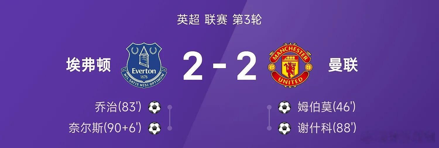 英超战报：姆伯莫建功，谢什科破门，曼联2-2遭埃弗顿绝平埃弗顿vs曼联埃弗顿2比