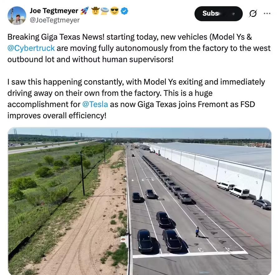 特斯拉在得州超级工厂为新款的Model Y和Cybertruck部署自动行驶至出