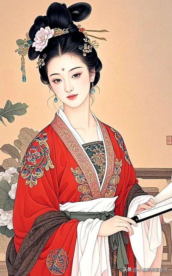 红衣美人，笔墨生花。