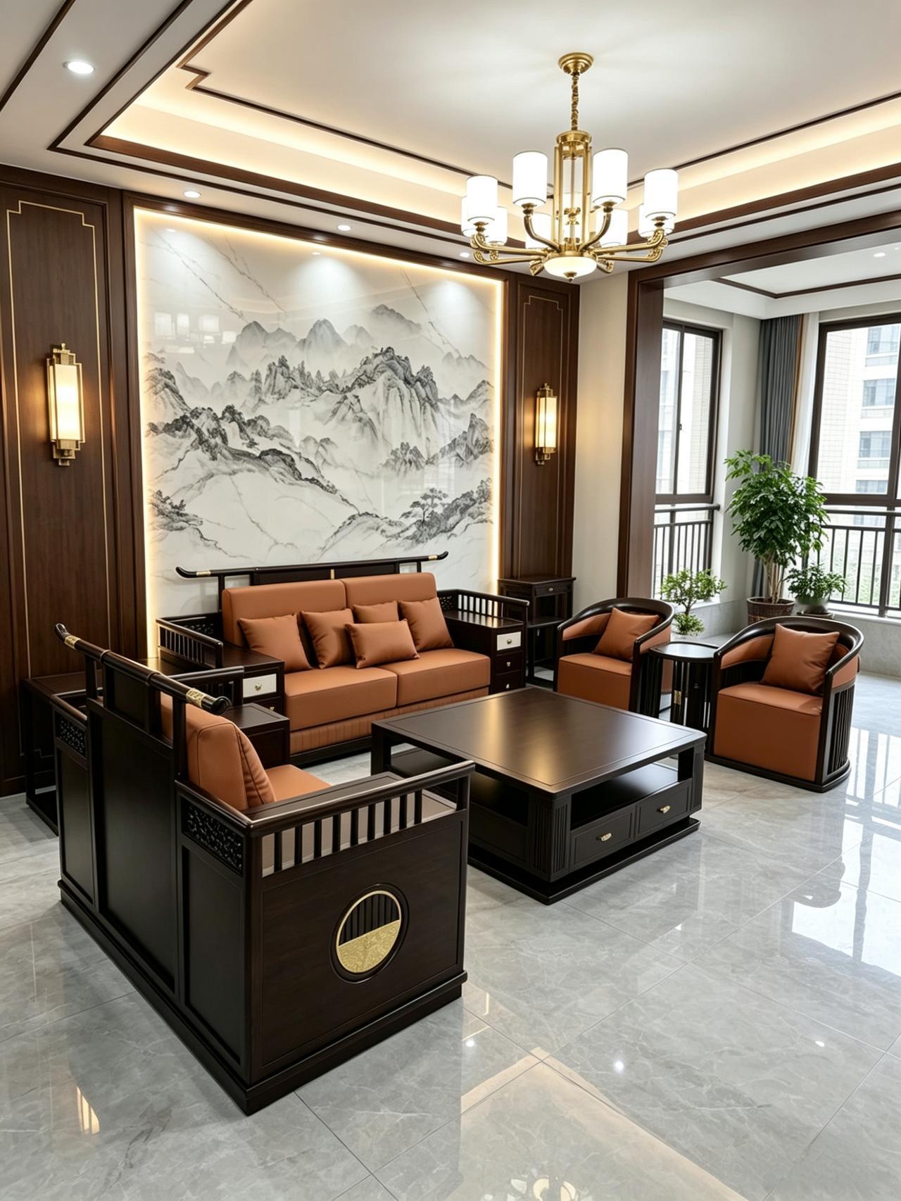 乌金木中式家具 新中式风格沙发 新中式家具 全屋定制家具 客厅搭配