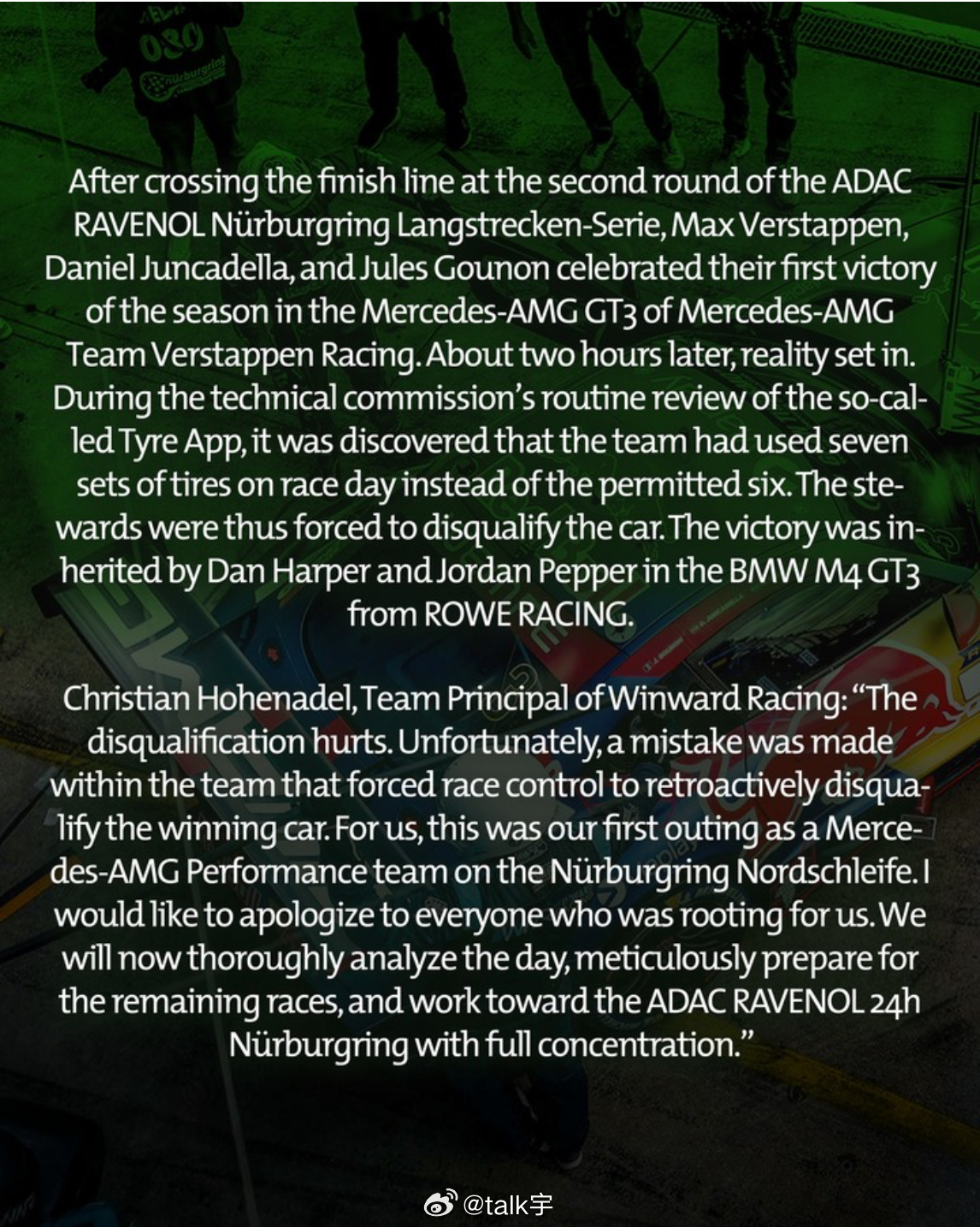 维斯塔潘所在的3号梅赛德斯AMG车组在NLS2整个比赛周一共使用了28条轮胎，超