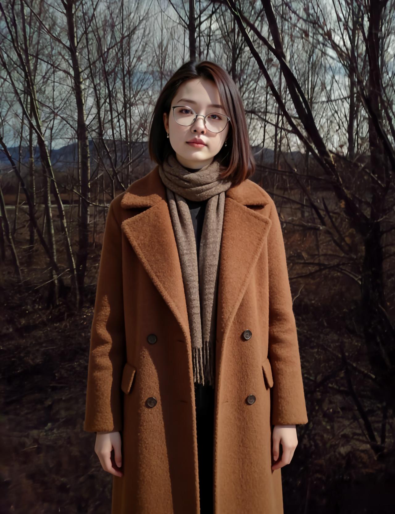 野径凝寒翠，衣裁驼色柔。
巾围寒颈暖，晶框映林幽。
发剪齐眉短，身依古树稠。
独