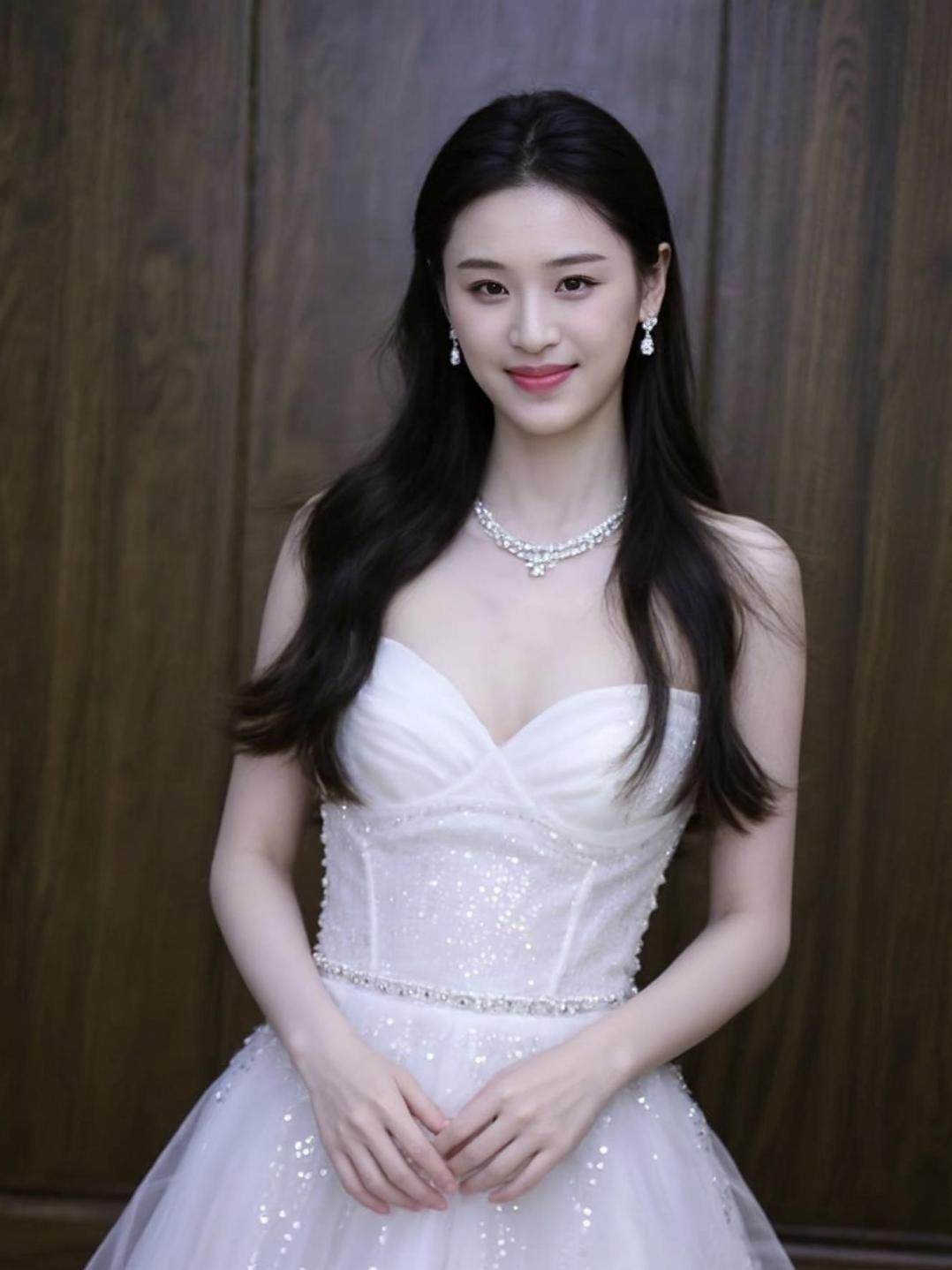 在柔和的灯光下，白色礼服如同月光洒落，细腻的质感与优雅的剪影交织成一幅静谧的画卷