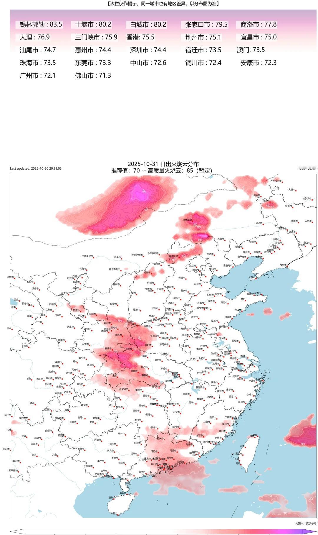 10.31｜朝霞预报地图
🔻广东有大量介于65~70微烧的区域，很多地区云量不