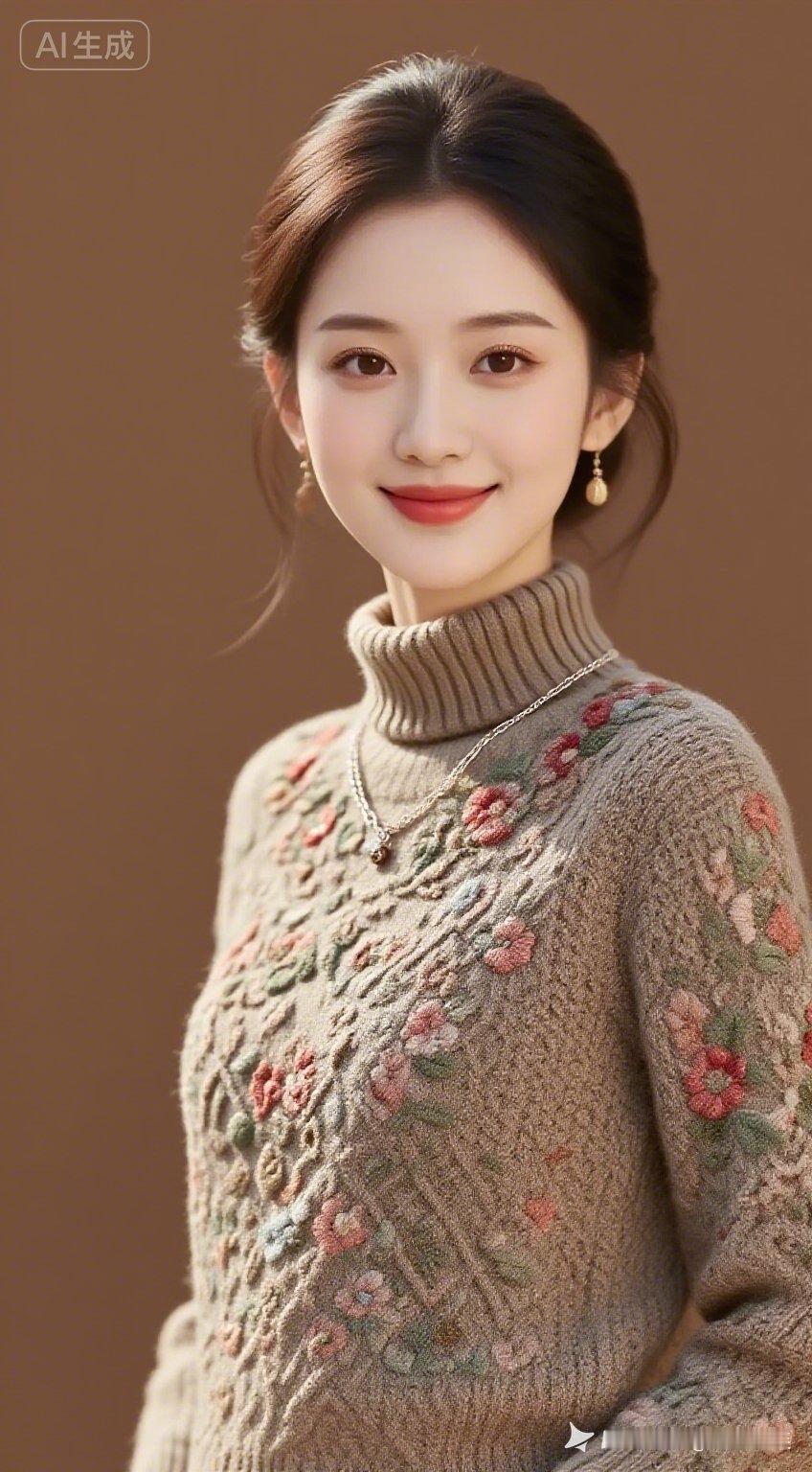 绝色美女着鲜艳高领绣花毛衣，古典雅致。浅红花瓣唇，精致妆容配首饰，秀发轻挽浅笑温