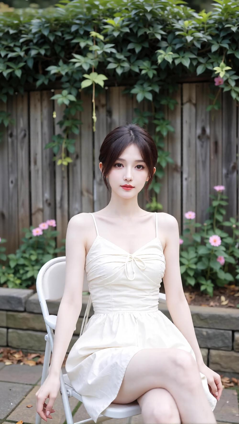 夏日清新风，优雅白裙，花园中的少女