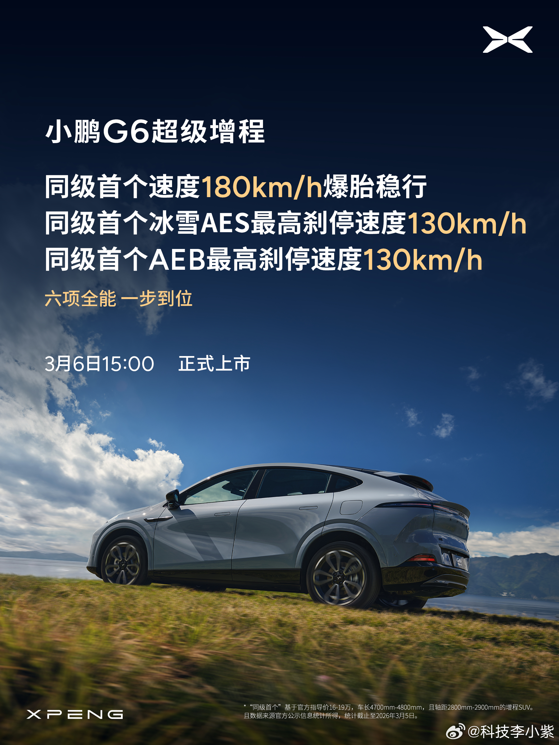 小鹏G6超级增程上市定档3月6日全球最长续航综合SUV家族再增一员，小鹏G6超级