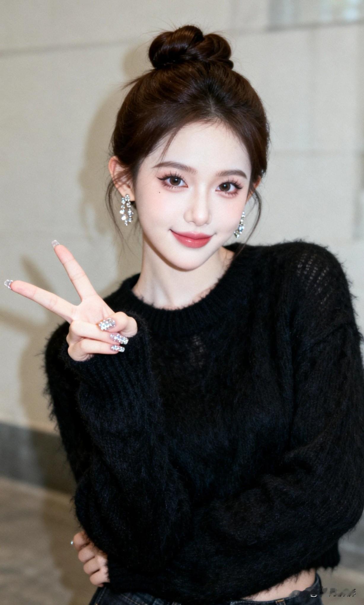 甜美少女风，黑色毛衣搭配精致妆容，元气满满！💖✨这样的穿搭很好看。