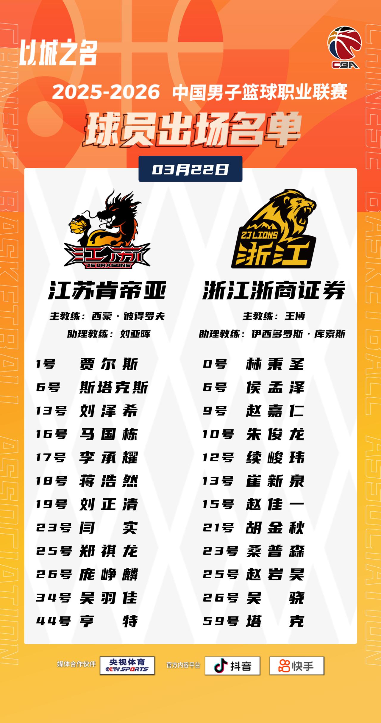 【大名单出炉】2025-2026赛季CBA联赛常规赛第二十九轮今晚开打，2场比赛