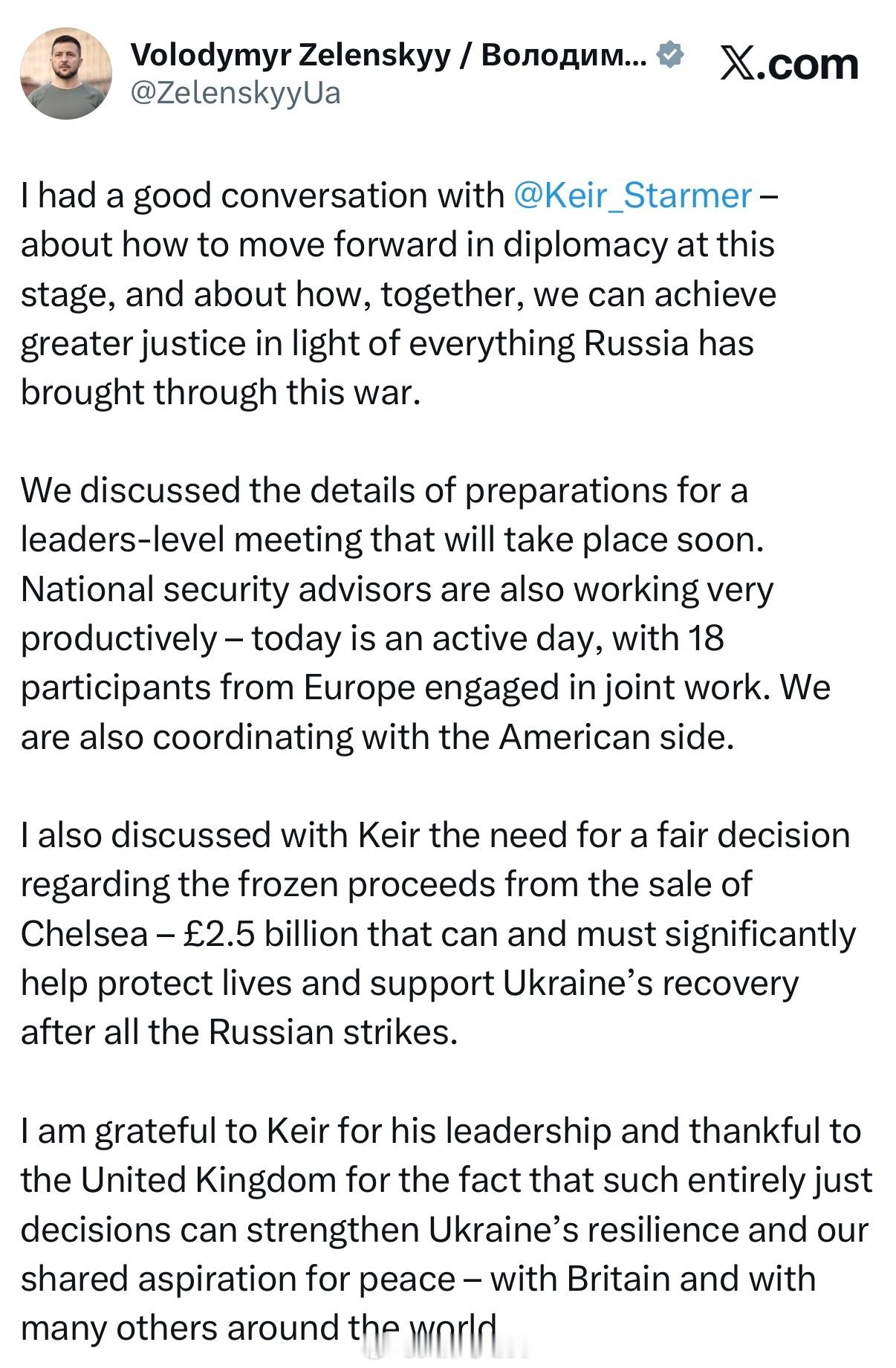 泽连斯基发文，要求斯塔默尽快落实售卖切尔西俱乐部的25亿英镑，以帮助乌克兰重建热