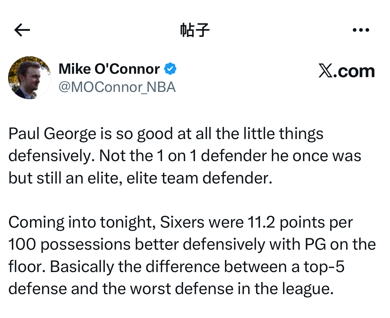 费城记者Mike O'Connor表示，保罗·乔治在防守端的细节处理上依然出色。