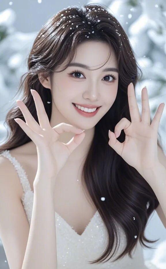 冬日里，“仙气少女雪中微笑双手比心”的画面简直太治愈了。就像看到插画里女孩在雪中