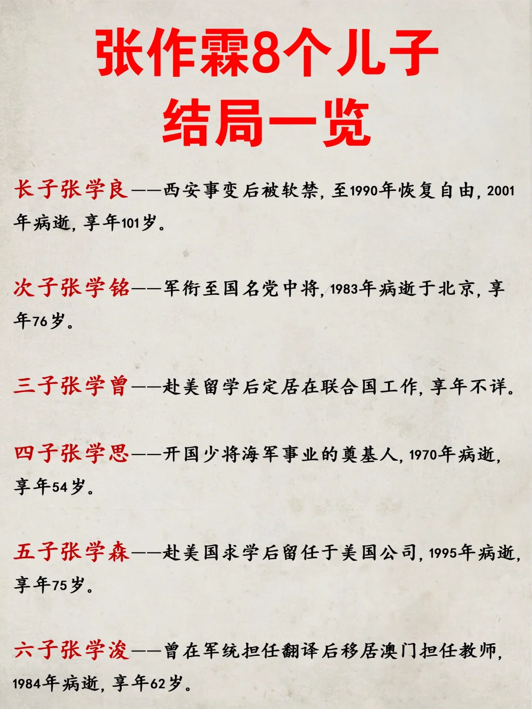 张作霖8个儿子结局一览‼️