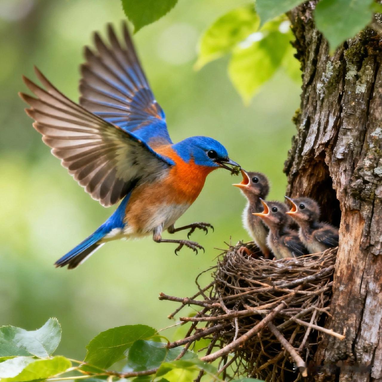 前几天在小区树下看到鸟妈妈喂食，那场景太治愈了。鸟妈妈嘴里叼着小虫子，飞进窝里。