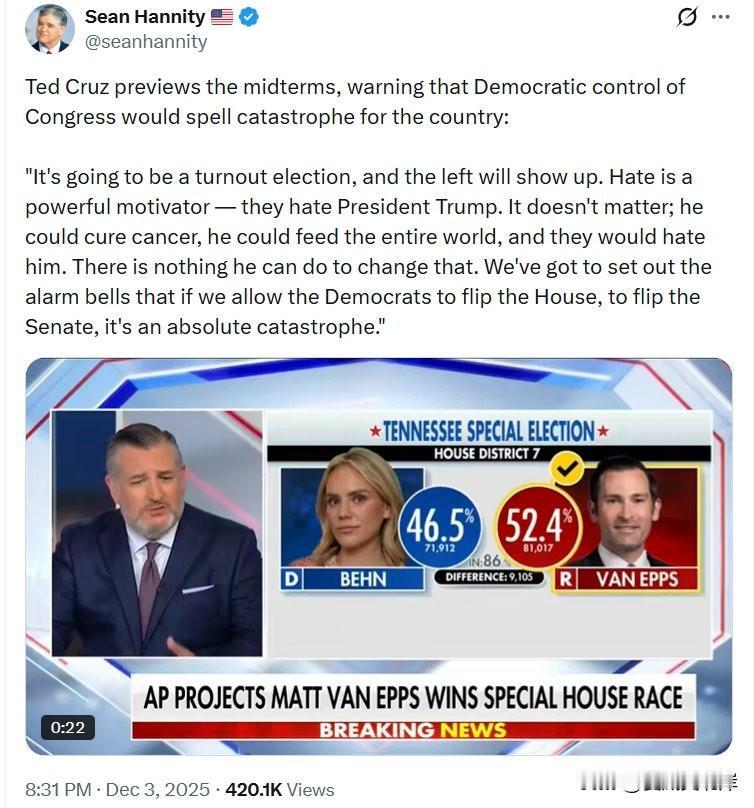 Ted Cruz 提前展望中期选举，警告称如果民主党继续控制国会，将给国家带来灾