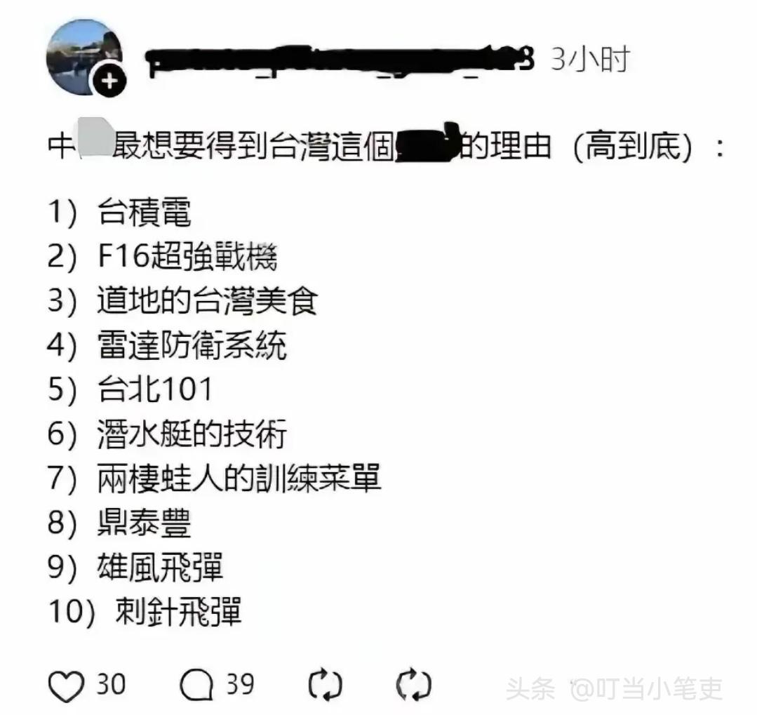 一湾湾网友列出大陆统一他们的十个理由。

从台积电、101大厦到F16战机、雄风