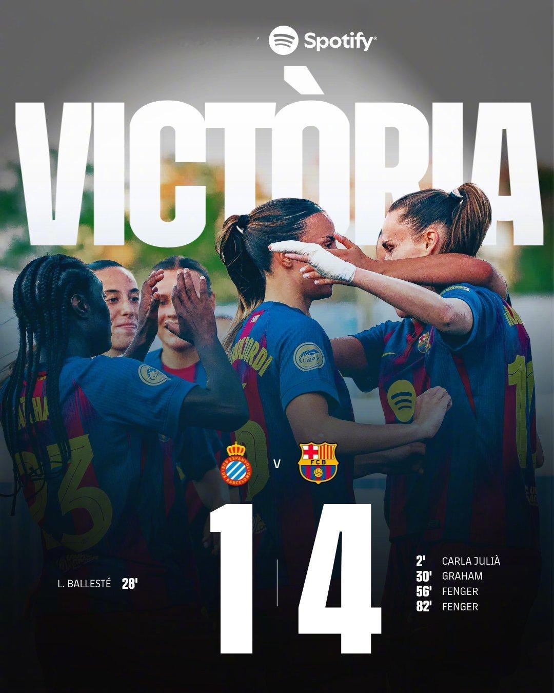 红蓝倩影🏆 女足西甲第26轮，巴萨客场对阵西班牙人。小将卡拉·朱莉亚闪电破门，