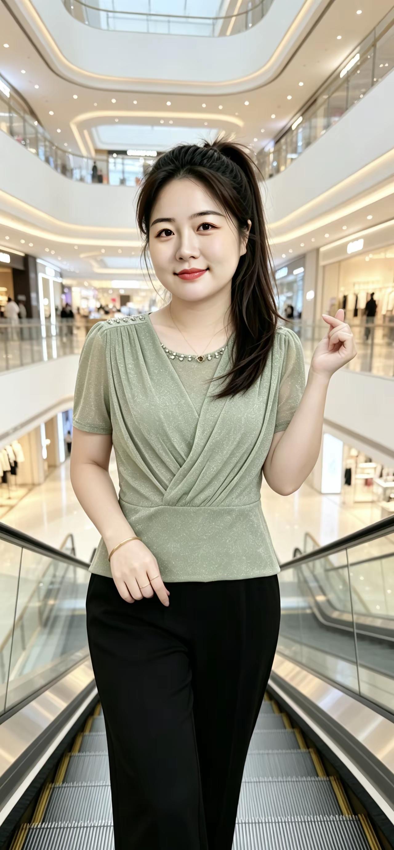 这姑娘在商场的自动扶梯上摆姿势呢。