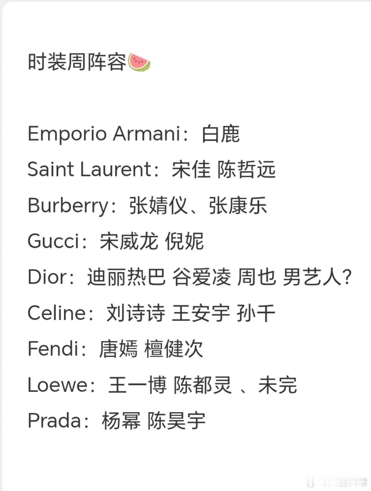 时装周阵容🍉Emporio Armani：白鹿Saint Laurent：宋佳