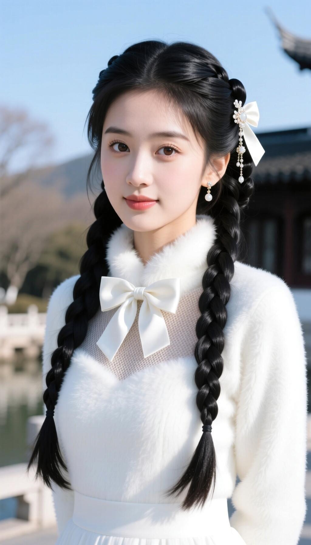 冬日少女风，白色毛衣+黑色长辫，甜美可爱！