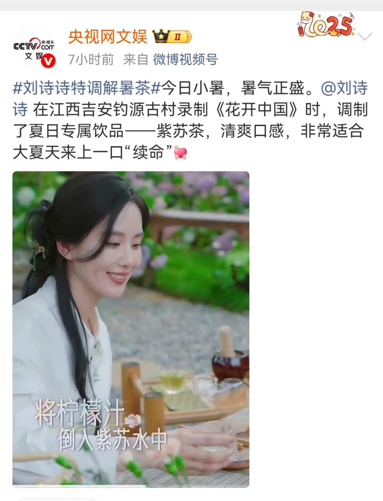 央妈发刘诗诗啦！好权威的一张脸啊
央媒盛赞刘诗诗！古村紫苏茶清雅出圈
央视网文娱
