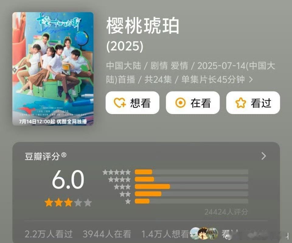 赵今麦张凌赫《樱桃琥珀》豆瓣开分6.0 张予曦毕雯珺《深情眼》豆瓣开分5.7这两