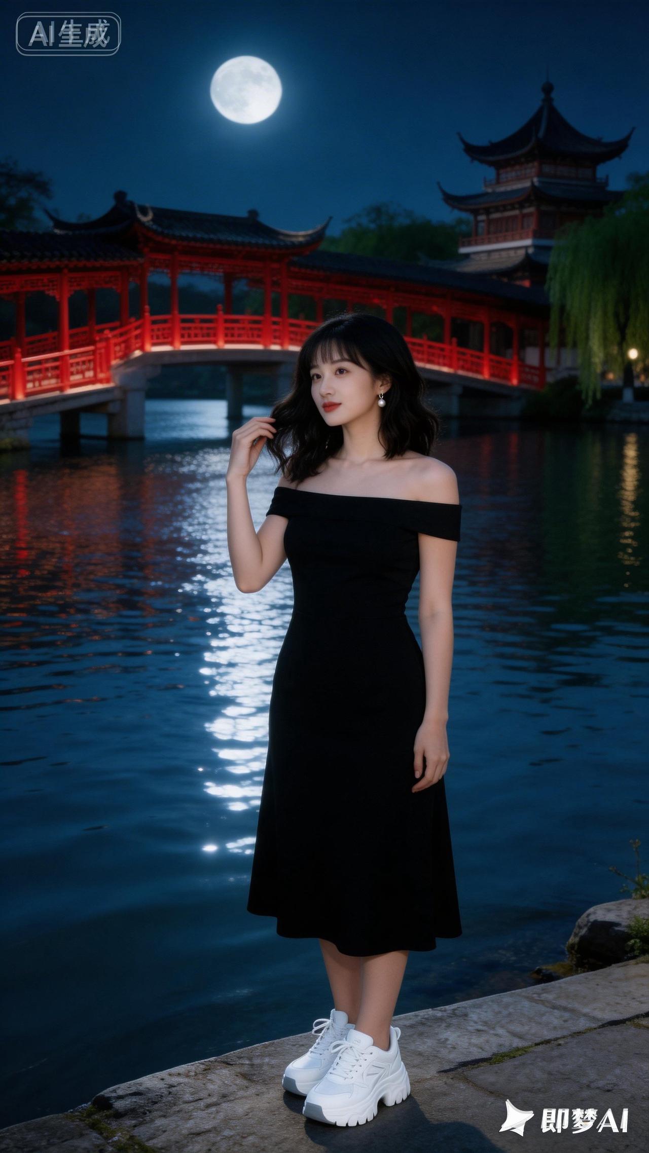 月光下，她站在湖边，美如画。