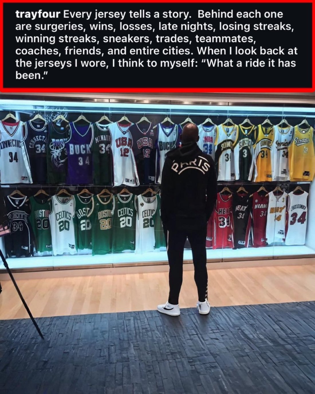 前NBA球星雷阿伦今天晒出自己生涯所穿过的球衣并配文：“每件球衣都承载着一段故事