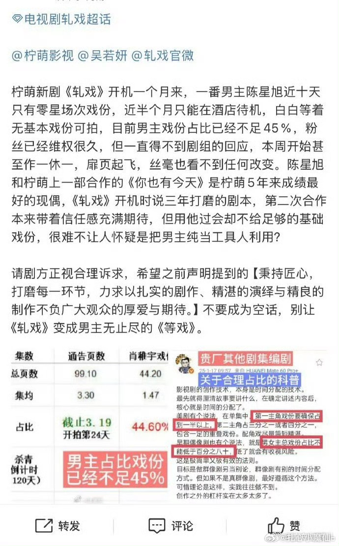 陈星旭粉丝向《轧戏》剧组维⭕，要求合理安排一番男主戏份比例！ ​​​