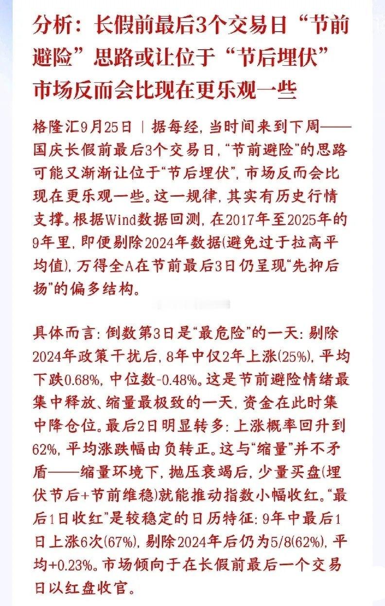 A股历史规律：国庆前倒数第三个交易日风险最高统计2017‑2025年历史数据（剔