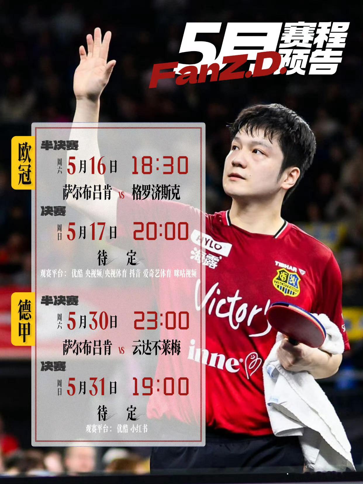 央视首次转播樊振东欧冠联赛5月16日 18:30 不见不散！