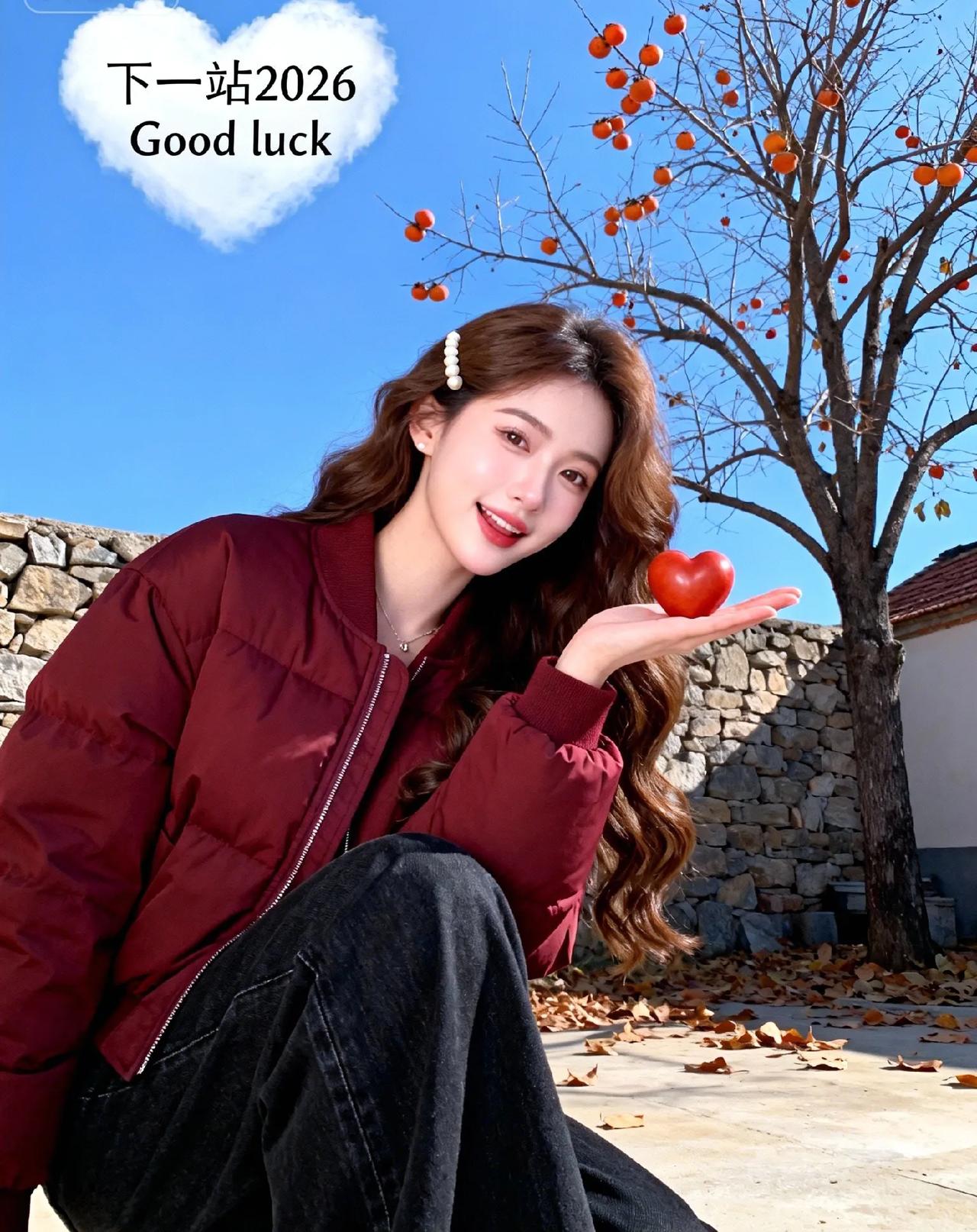 冬日的暖阳洒在肩头，红柿挂枝，掌心托着一颗心形红果，奔赴2026的脚步也变得温柔