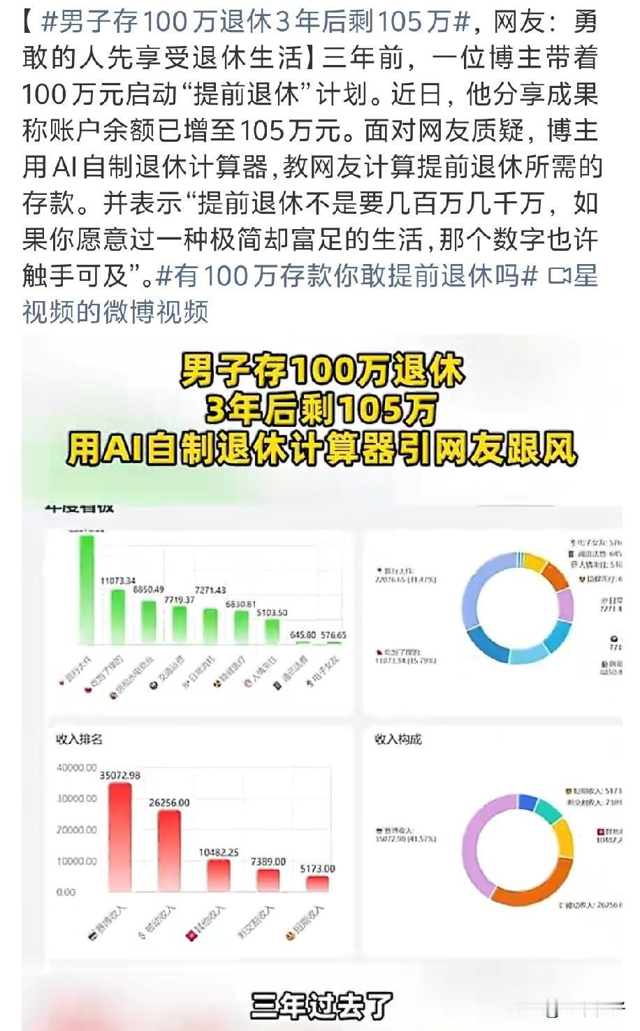 男子存100万退休3年后剩105万，有100万存款你敢提前退休吗？

     