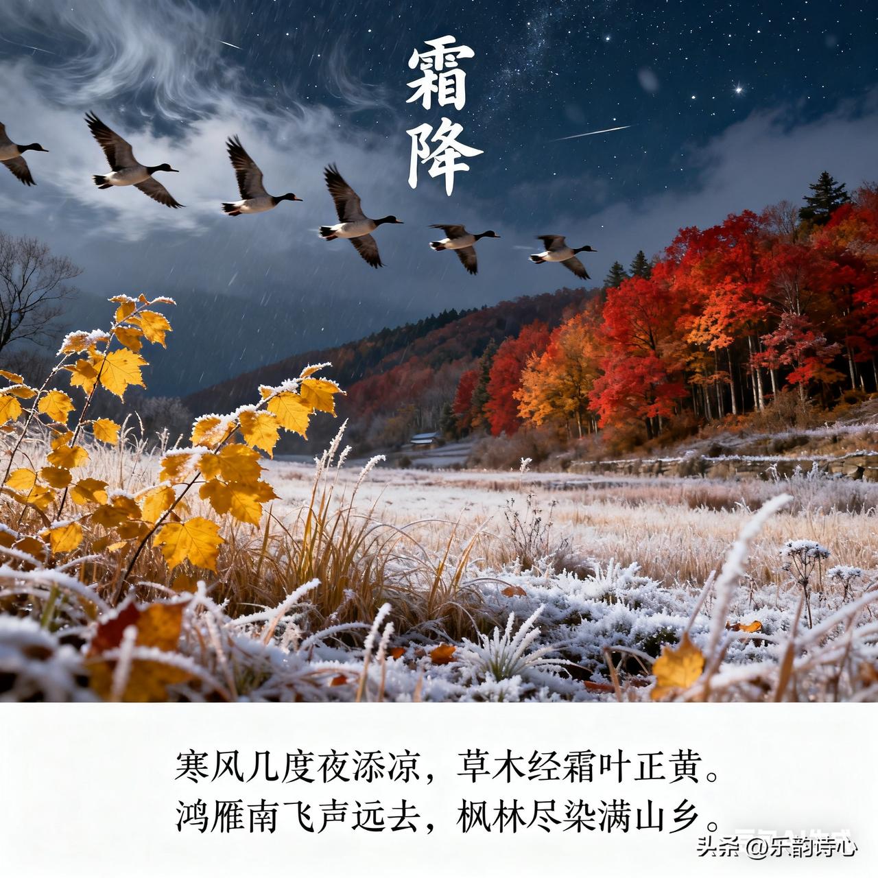 七律《霜降》乐韵诗心原创诗词:寒风几度夜添凉，草木经霜叶正黄。鸿雁南飞声远去，枫