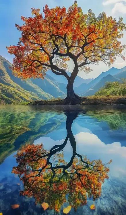 秋天的童话，树与湖的完美倒影秋叶与湖面 秋天的照片风景 把最美的秋色 如此醉人的