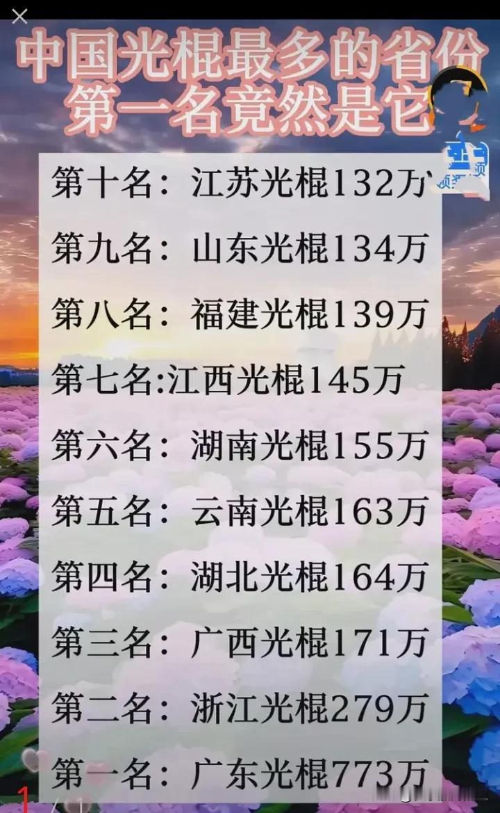 中国第一数广东
GDP第一
人口第一
连光棍都排第一，你说牛不牛
广东人口有多大