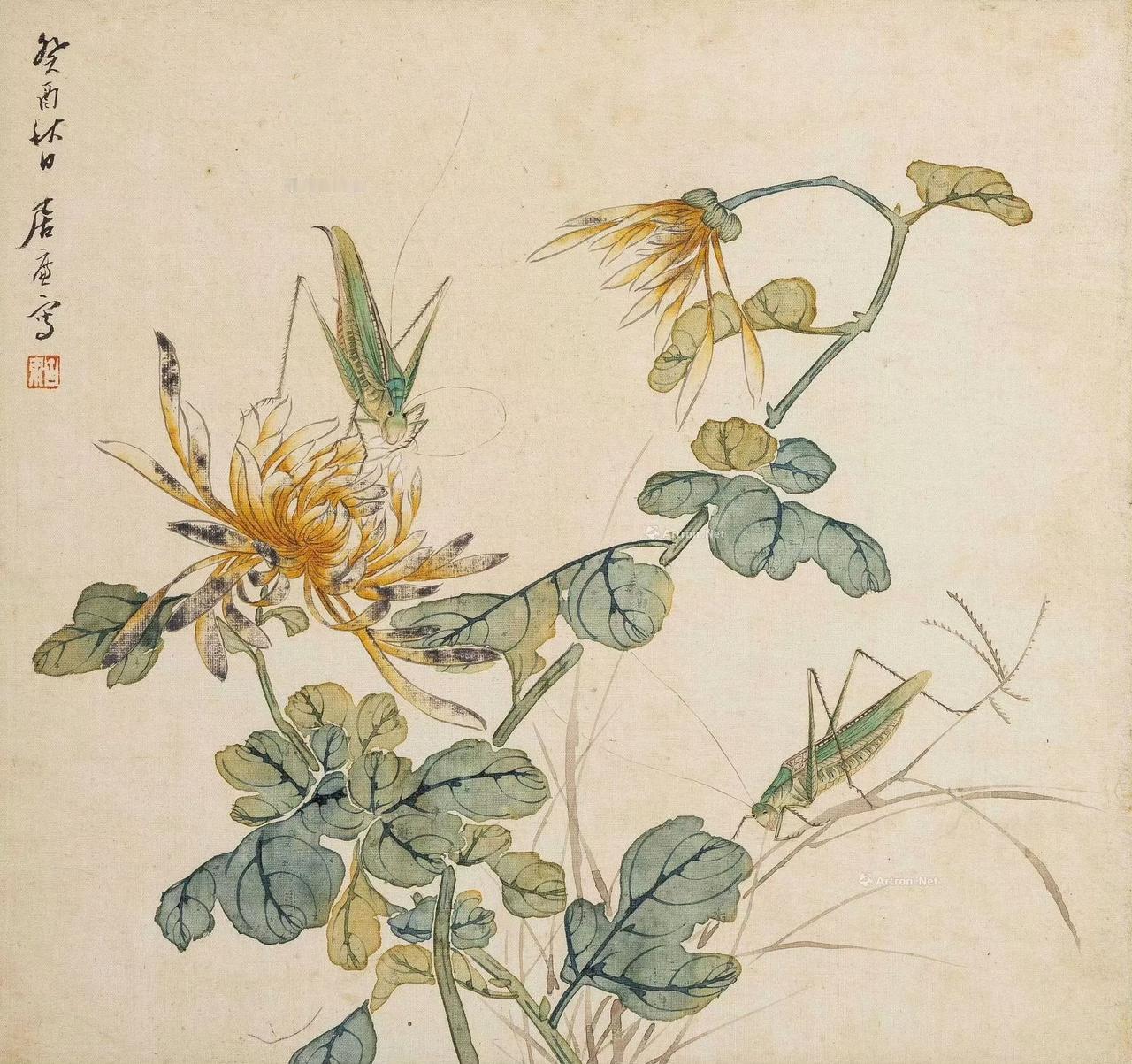 看居廉的花卉虫草图。
想起诗经里的一句诗来:喓喓草虫，趯趯阜螽。未见君子，忧心忡