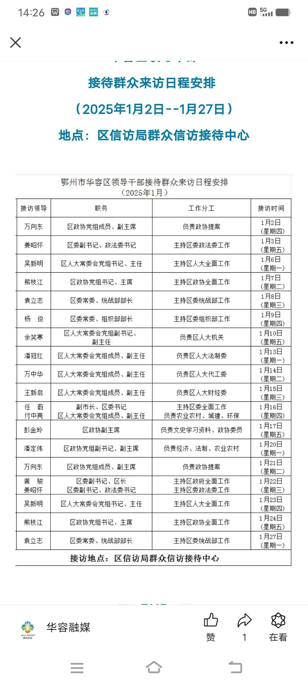 好消息！2025年1月华容区各职能部门将会在信访局接听热线（如下图）。倾听百姓群