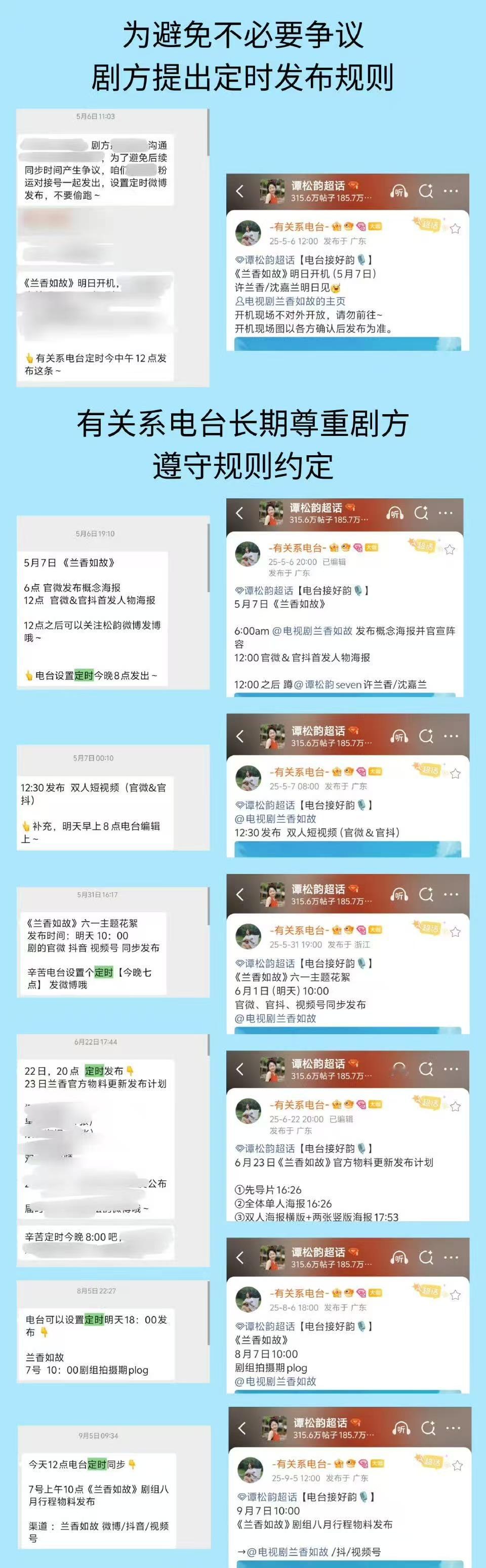 兰香如故这里有热闹，大概意思是剧方早明确要求主创“定时发布、不要偷跑”，有配角打