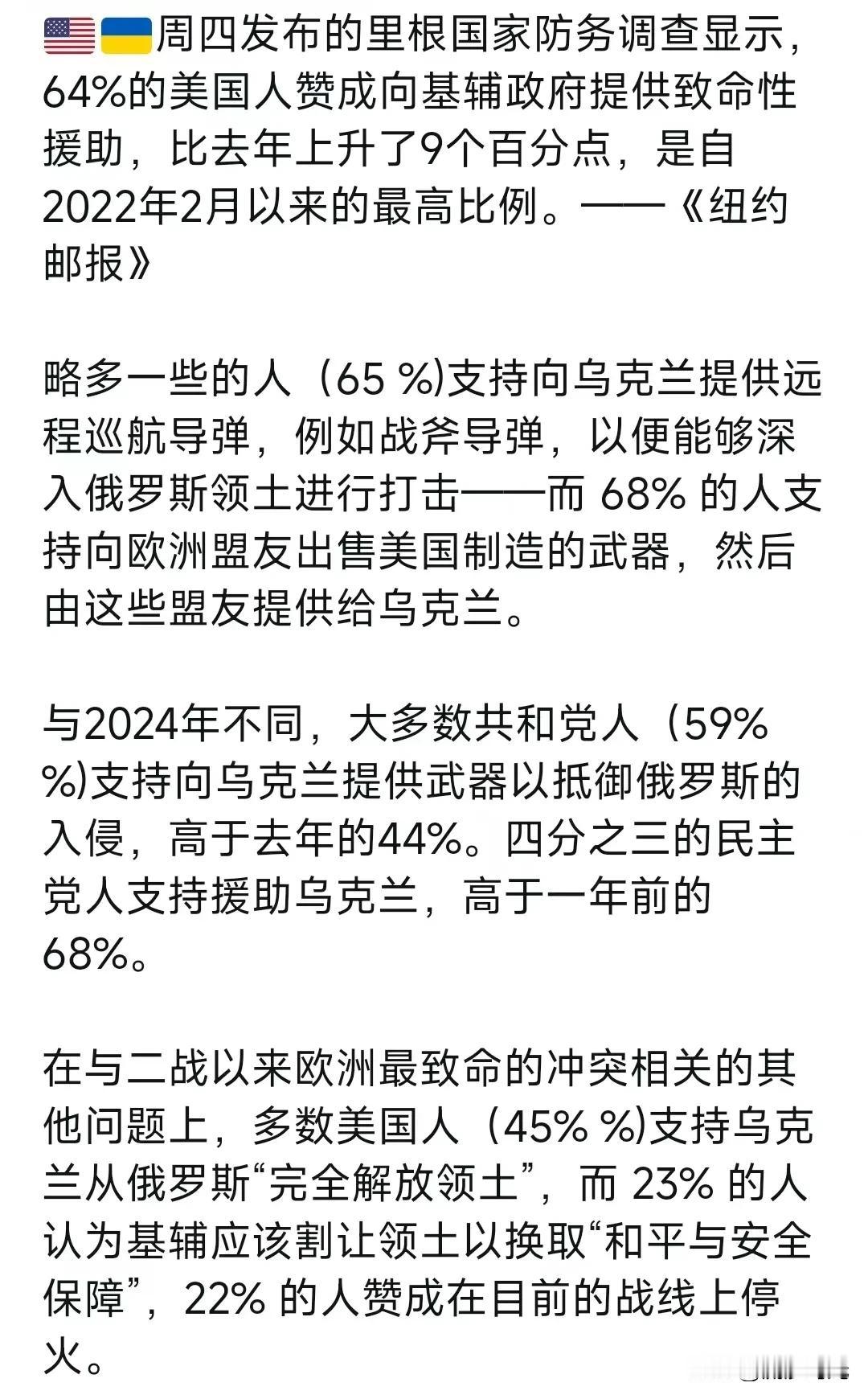 重磅消息——周四发布的里根国家防务调查显示:64%的美国人赞成向基辅政府提供致命