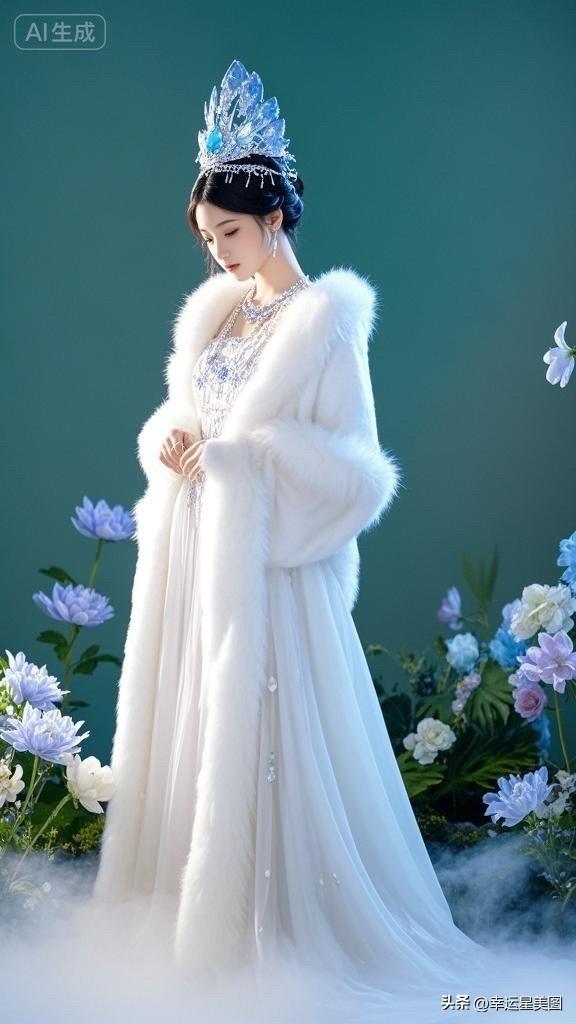 冬日仙境中的梦幻少女，蓝宝石头饰闪耀生辉，仿若冰雪精灵。