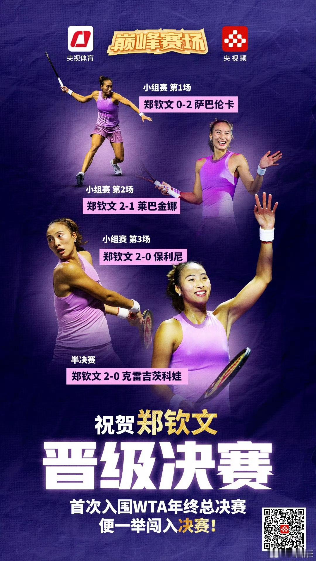 【#今晚为郑钦文加油#】 半决赛回放已补课，今晚总决赛！！！！24:00  郑钦